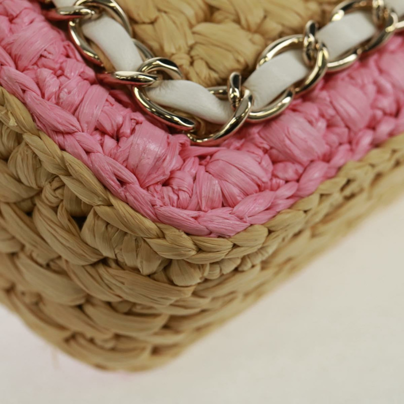 【日本直送】香奈兒 (CHANEL) 絎縫鏈條肩背包,皮革拉菲草粉色銀色雙C標誌,正品編號 159915SAM-16