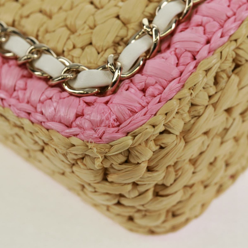 【日本直送】香奈兒 (CHANEL) 絎縫鏈條肩背包,皮革拉菲草粉色銀色雙C標誌,正品編號 159915SAM-17