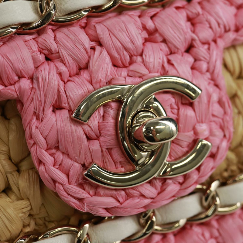 【日本直送】香奈兒 (CHANEL) 絎縫鏈條肩背包,皮革拉菲草粉色銀色雙C標誌,正品編號 159915SAM-18
