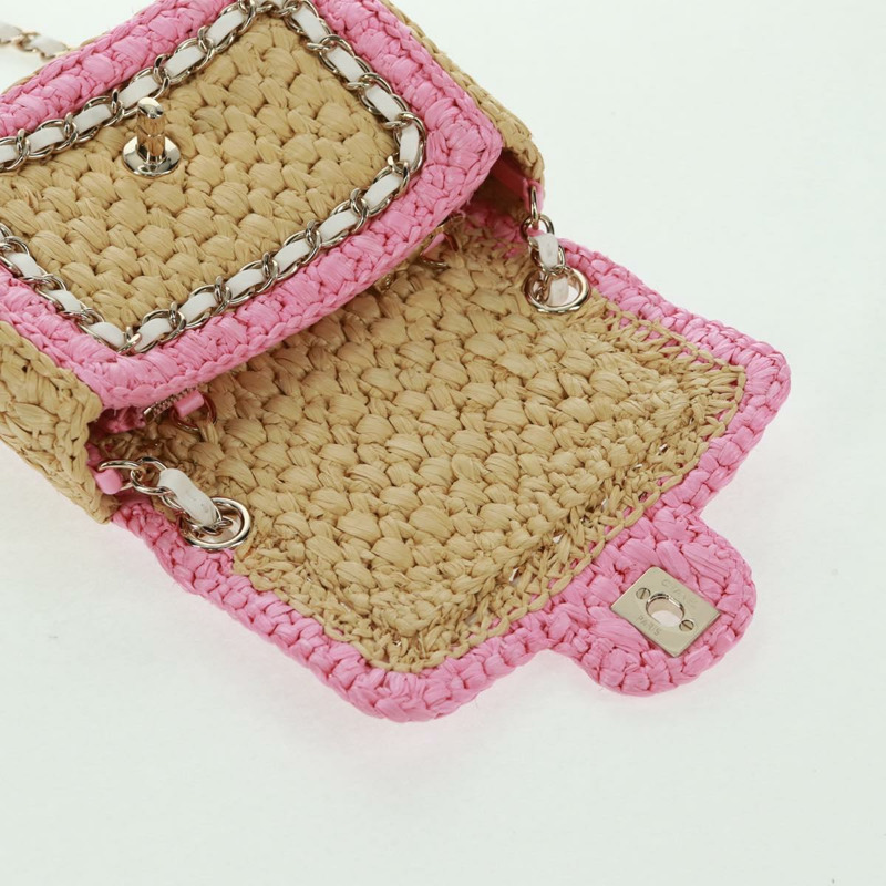 【日本直送】香奈兒 (CHANEL) 絎縫鏈條肩背包,皮革拉菲草粉色銀色雙C標誌,正品編號 159915SAM-19