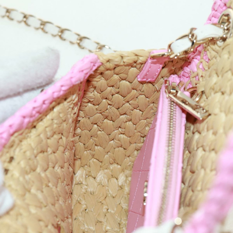 【日本直送】香奈兒 (CHANEL) 絎縫鏈條肩背包,皮革拉菲草粉色銀色雙C標誌,正品編號 159915SAM-20