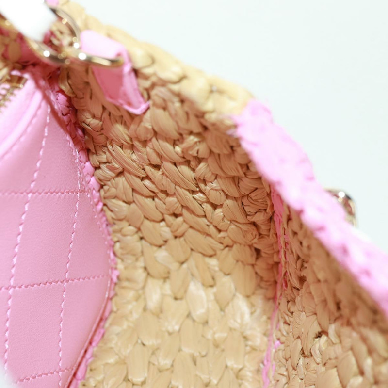 【日本直送】香奈兒 (CHANEL) 絎縫鏈條肩背包,皮革拉菲草粉色銀色雙C標誌,正品編號 159915SAM-21