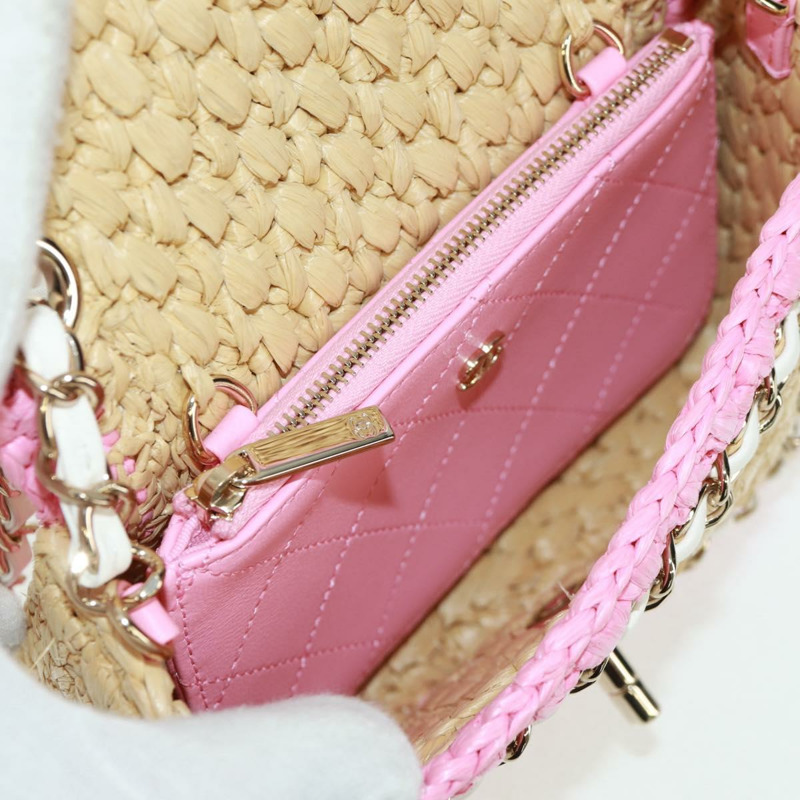 【日本直送】香奈兒 (CHANEL) 絎縫鏈條肩背包,皮革拉菲草粉色銀色雙C標誌,正品編號 159915SAM-22