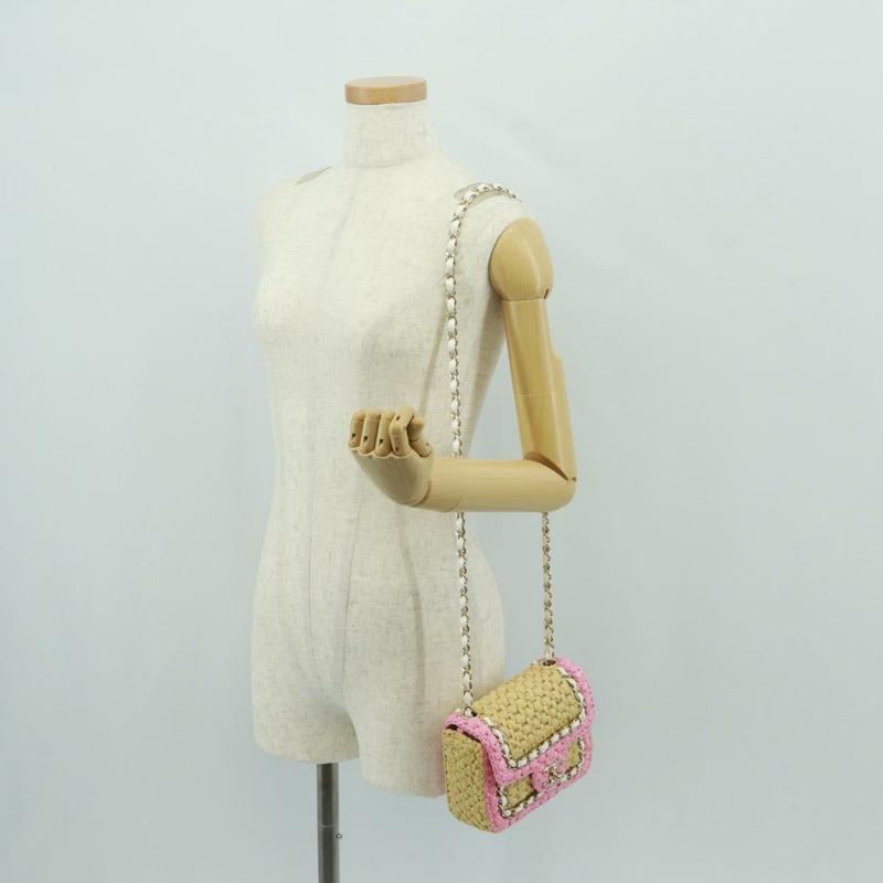 【日本直送】香奈兒 (CHANEL) 絎縫鏈條肩背包,皮革拉菲草粉色銀色雙C標誌,正品編號 159915SAM-27