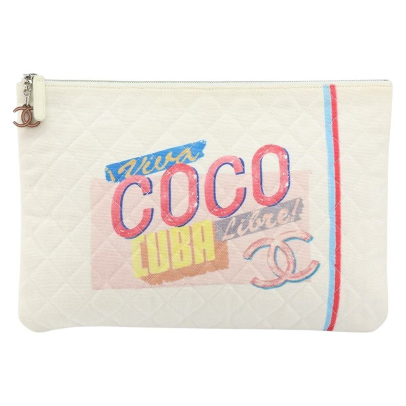 【日本直送】香奈兒 Matelasse 帆布手拿包 白色 銀色 CC 標誌 Auth 163779-12