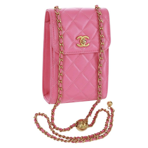 香奈兒 (CHANEL) 絎縫鏈條單肩包，羊皮材質，粉紅色金色雙C標誌，正品編號 163791SAM