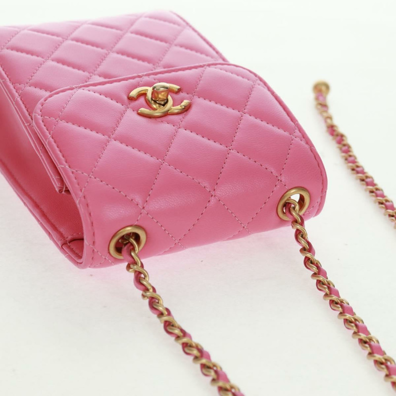【日本直送】香奈兒 (CHANEL) 絎縫鏈條單肩包,羊皮材質,粉紅色金色雙C標誌,正品編號 163791SAM-5