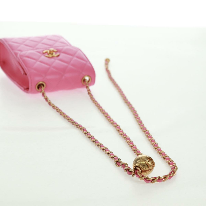 【日本直送】香奈兒 (CHANEL) 絎縫鏈條單肩包,羊皮材質,粉紅色金色雙C標誌,正品編號 163791SAM-6