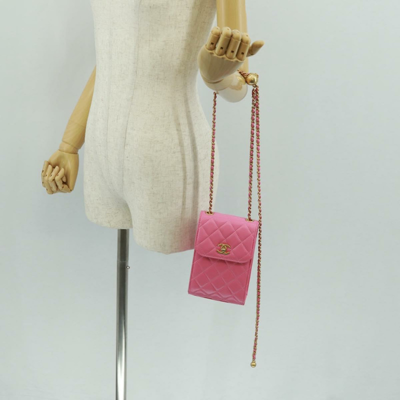 【日本直送】香奈兒 (CHANEL) 絎縫鏈條單肩包,羊皮材質,粉紅色金色雙C標誌,正品編號 163791SAM-26
