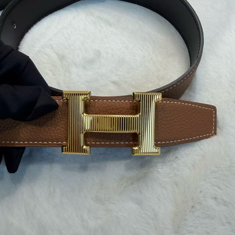 Hermes牛皮棕色金扣皮帶-0