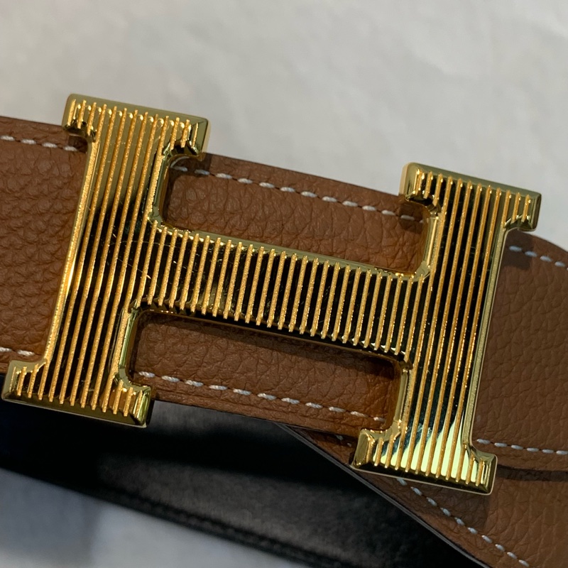 Hermes牛皮棕色金扣皮帶-4