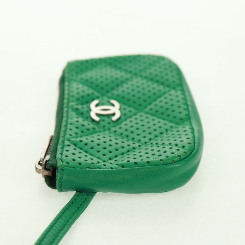 【日本直送】香奈兒零錢包 皮革 綠色 銀色 CC 標誌 Auth 163866V-2