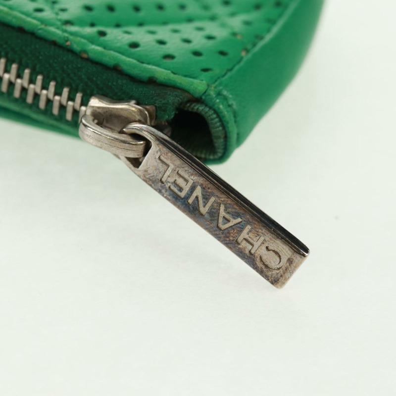 【日本直送】香奈兒零錢包 皮革 綠色 銀色 CC 標誌 Auth 163866V-17