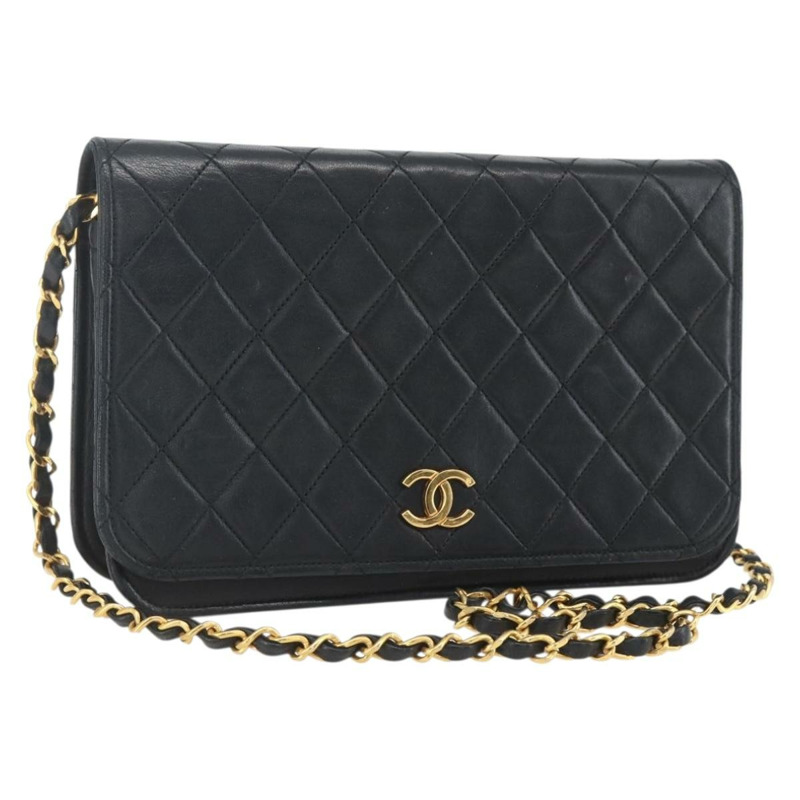 【日本直送】香奈兒 Matelasse 鏈條肩背包 羊皮 金色 黑色 CC 標誌 Auth 162543-0