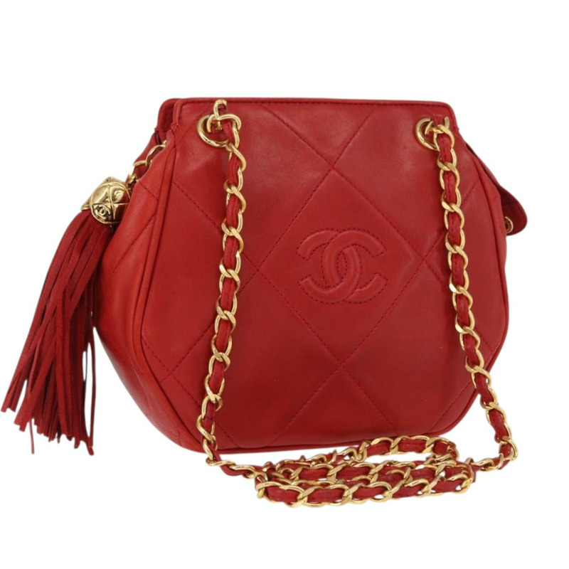【日本直送】香奈兒 (CHANEL) 鏈條肩背包,羊皮材質,紅色,金色雙C標誌,正品編號 161493V-0