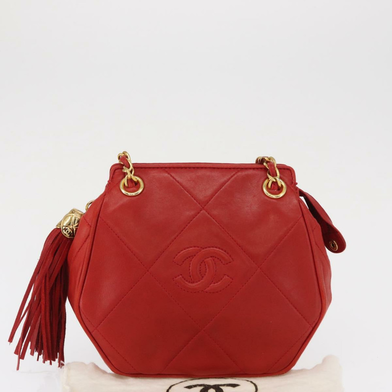 【日本直送】香奈兒 (CHANEL) 鏈條肩背包,羊皮材質,紅色,金色雙C標誌,正品編號 161493V-11
