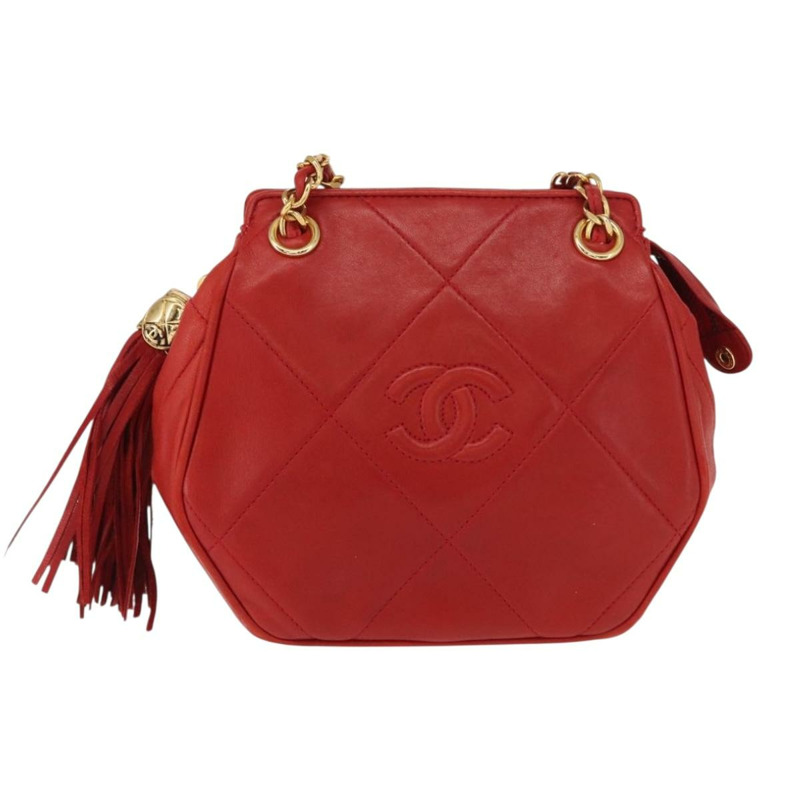 【日本直送】香奈兒 (CHANEL) 鏈條肩背包,羊皮材質,紅色,金色雙C標誌,正品編號 161493V-12
