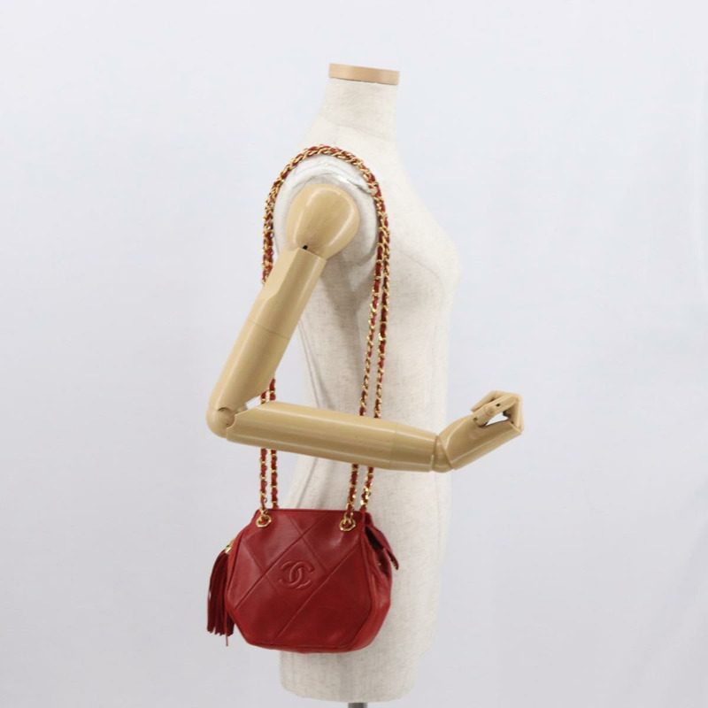 【日本直送】香奈兒 (CHANEL) 鏈條肩背包,羊皮材質,紅色,金色雙C標誌,正品編號 161493V-23