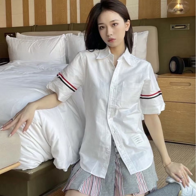 Thom Browne 男款 雙袖標 牛律布 短袖襯衫 #1 2 3 4-3