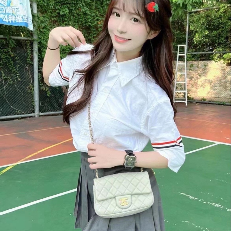 Thom Browne 男款 雙袖標 牛律布 短袖襯衫 #1 2 3 4-4