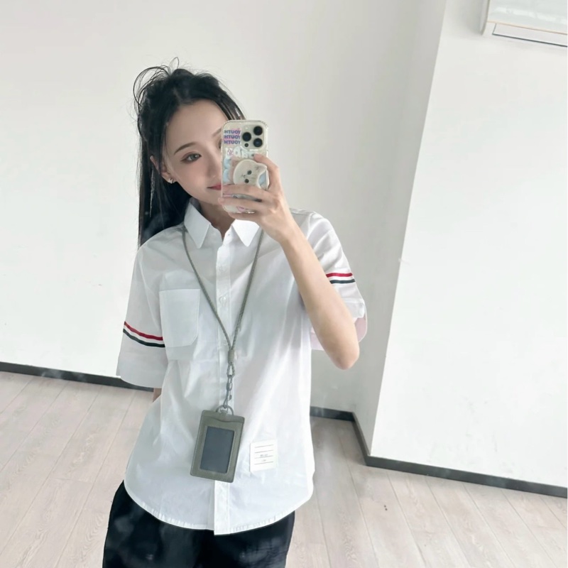 Thom Browne 男款 雙袖標 牛律布 短袖襯衫 #1 2 3 4-5