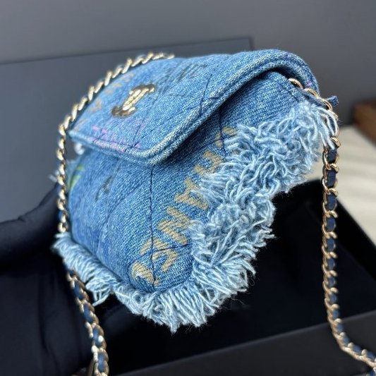 香奈兒Chanel 藍色牛仔印花mini鏈條包-3