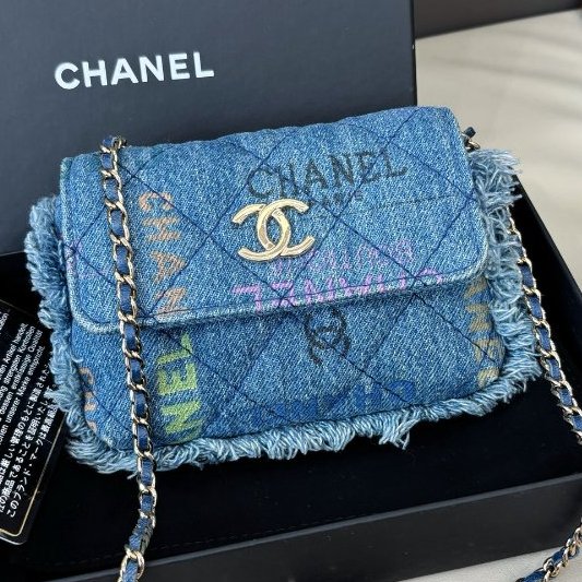 香奈兒Chanel 藍色牛仔印花mini鏈條包-5