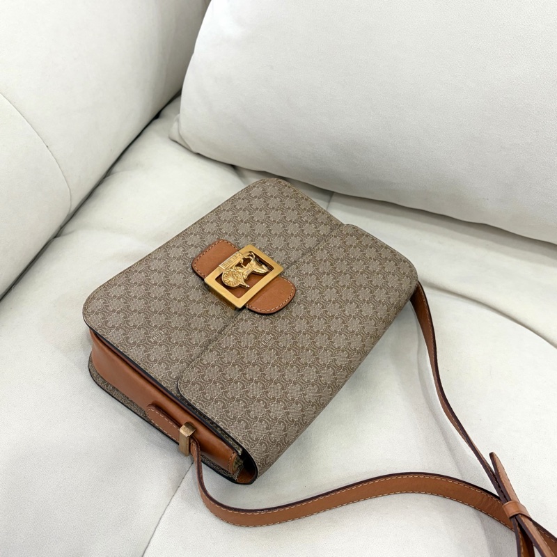 Celine 米色中古馬車扣肩背包 米花 稀有-5