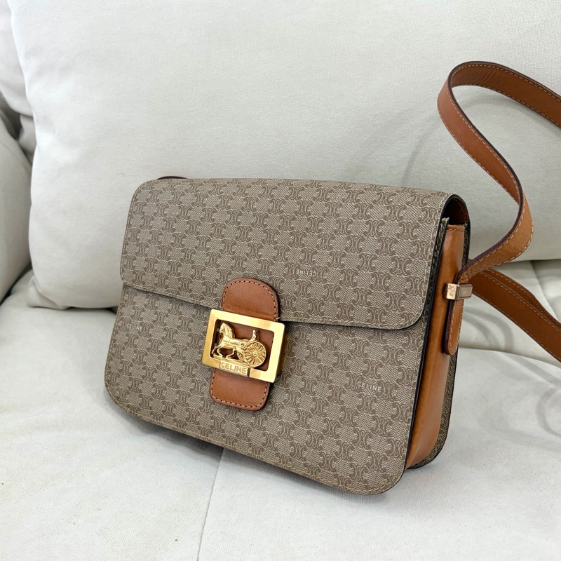 Celine 米色中古馬車扣肩背包 米花 稀有-6