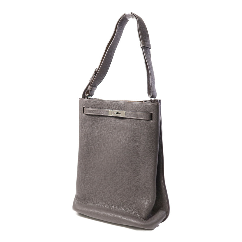 HERMES Clemence皮革So Kelly 26銀扣肩背袋Etain/Etoupe-2