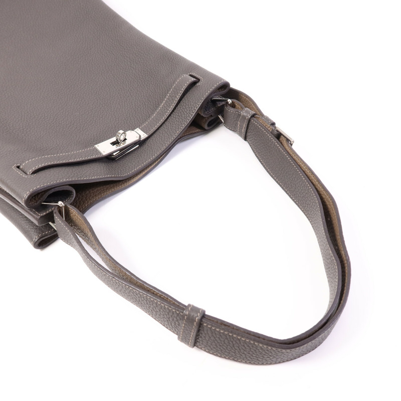 HERMES Clemence皮革So Kelly 26銀扣肩背袋Etain/Etoupe-8