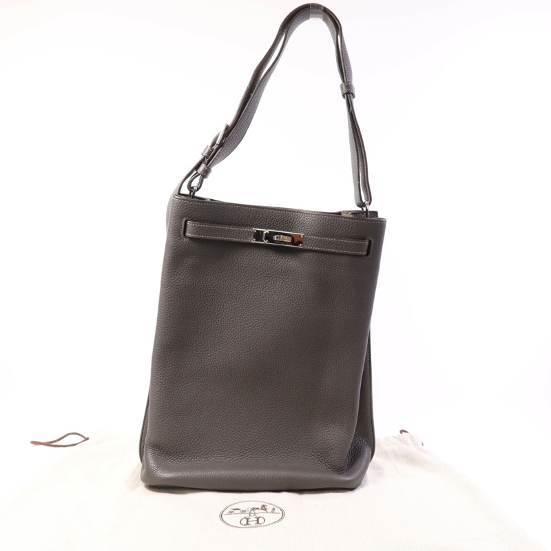 HERMES Clemence皮革So Kelly 26銀扣肩背袋Etain/Etoupe-9