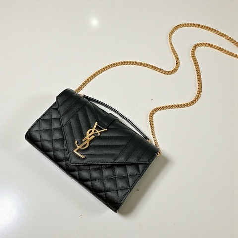 莉亞精品♡ YSL 600195 菱格郵差包 黑金 二手