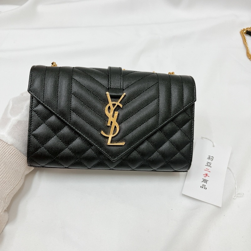莉亞精品♡ YSL 600195 菱格郵差包 黑金 二手-2