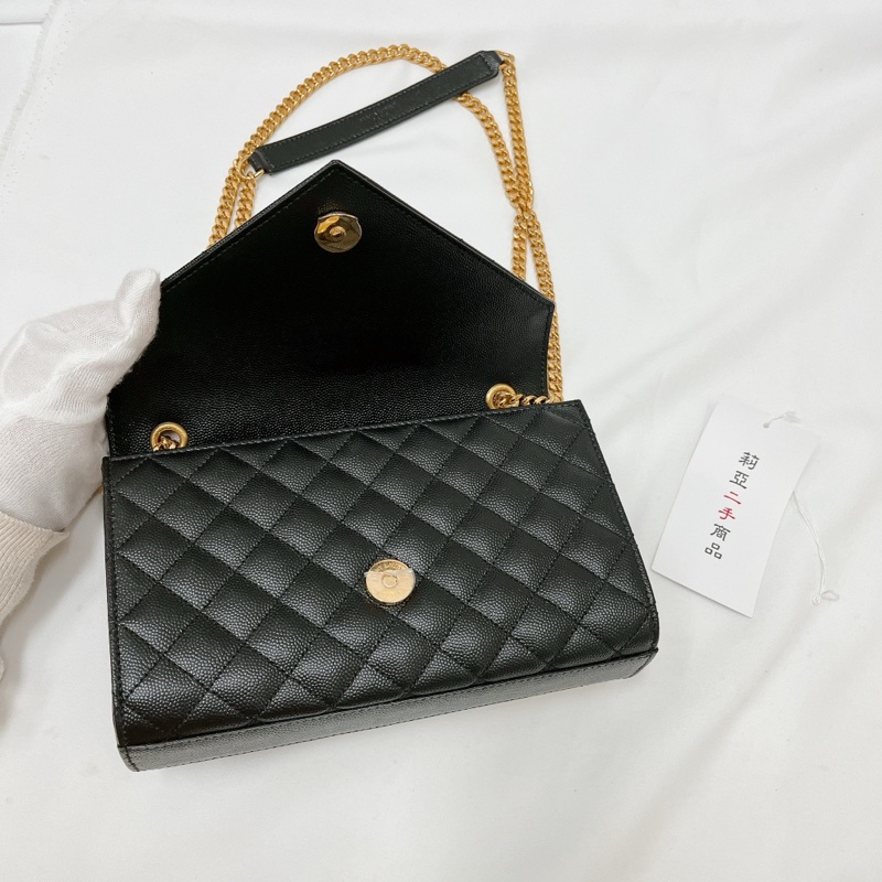 莉亞精品♡ YSL 600195 菱格郵差包 黑金 二手-10