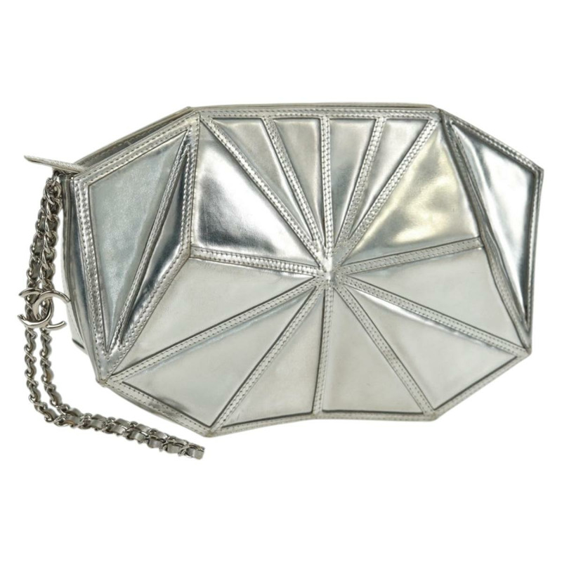 【日本直送】香奈兒銀色皮革手拿包,附雙C標誌,貨號162899V-0