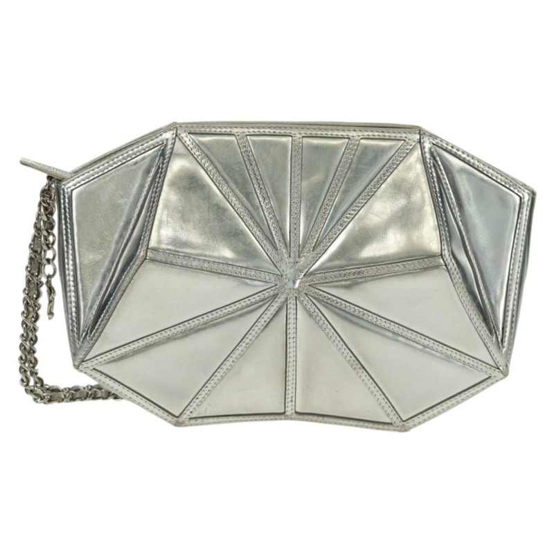 【日本直送】香奈兒銀色皮革手拿包,附雙C標誌,貨號162899V-12