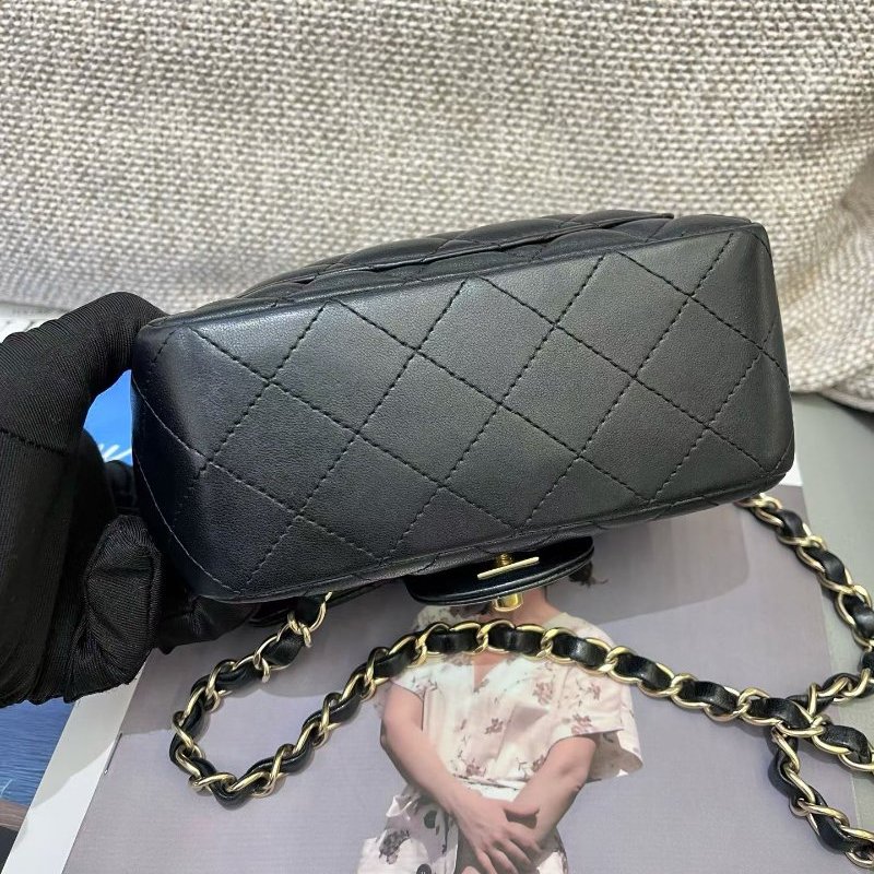 香奈兒CHANEL 黑金羊皮方胖子鏈條包-7