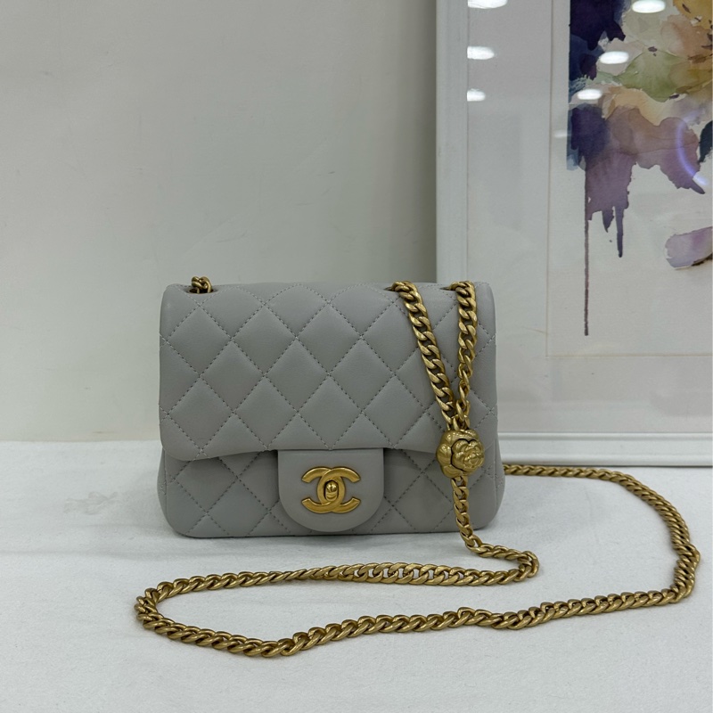 Chanel 香奈兒 25P淡藍色山茶花方胖子 晶片 有購證-1