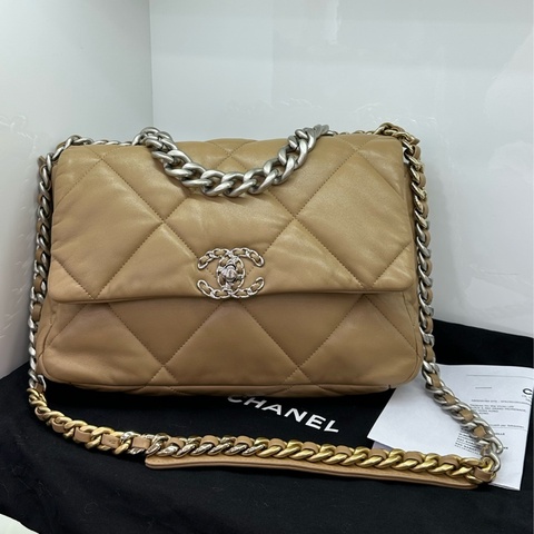 Chanel香奈兒19bag 22B駝色手提斜背包中型晶片款！有購證