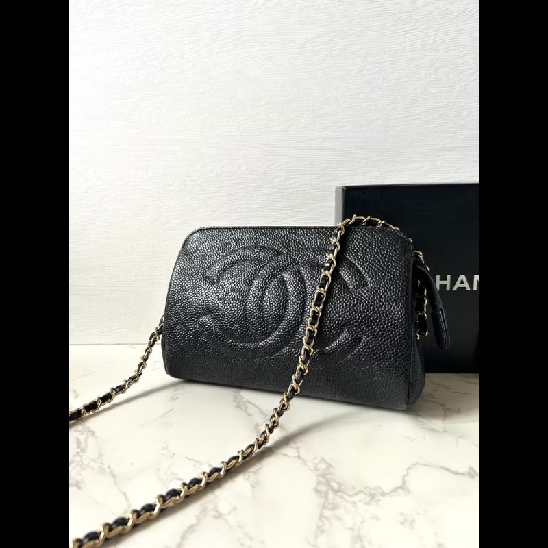 【LA LUNE】中古二手Chanel黑色魚子醬皮革側背包 斜背包 皮革包 單肩包 古董-0