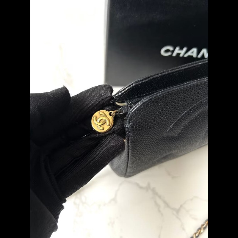 【LA LUNE】中古二手Chanel黑色魚子醬皮革側背包 斜背包 皮革包 單肩包 古董-1