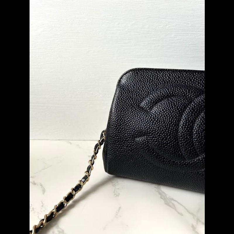 【LA LUNE】中古二手Chanel黑色魚子醬皮革側背包 斜背包 皮革包 單肩包 古董-2