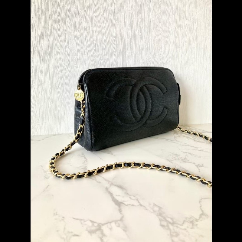 【LA LUNE】中古二手Chanel黑色魚子醬皮革側背包 斜背包 皮革包 單肩包 古董-3