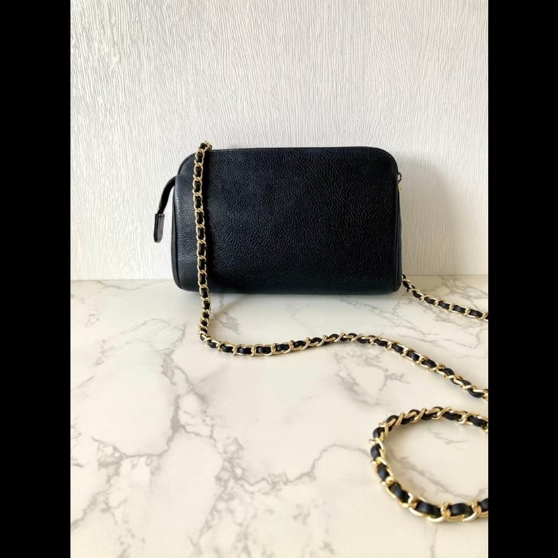 【LA LUNE】中古二手Chanel黑色魚子醬皮革側背包 斜背包 皮革包 單肩包 古董-4