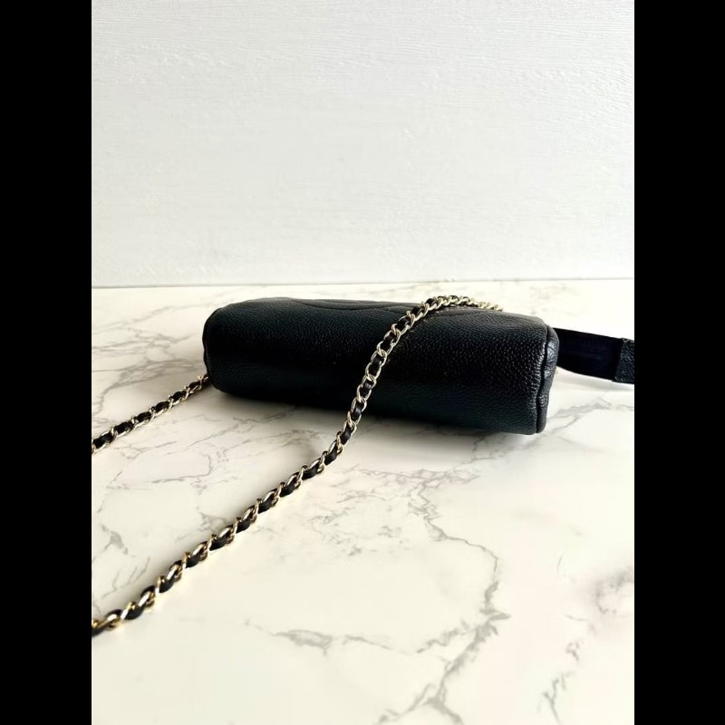 【LA LUNE】中古二手Chanel黑色魚子醬皮革側背包 斜背包 皮革包 單肩包 古董-5