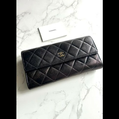 【LA LUNE】稀有中古Chanel黑金色魚子醬皮革長夾 皮夾 錢包 中夾 二手古董包