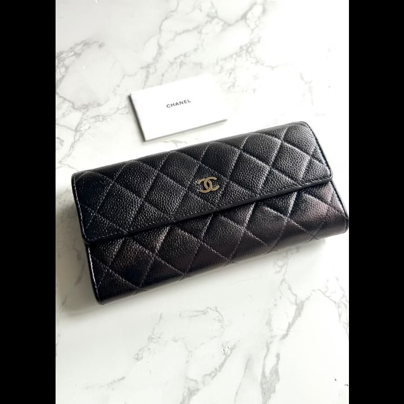 【LA LUNE】稀有中古Chanel黑金色魚子醬皮革長夾 皮夾 錢包 中夾 二手古董包-0