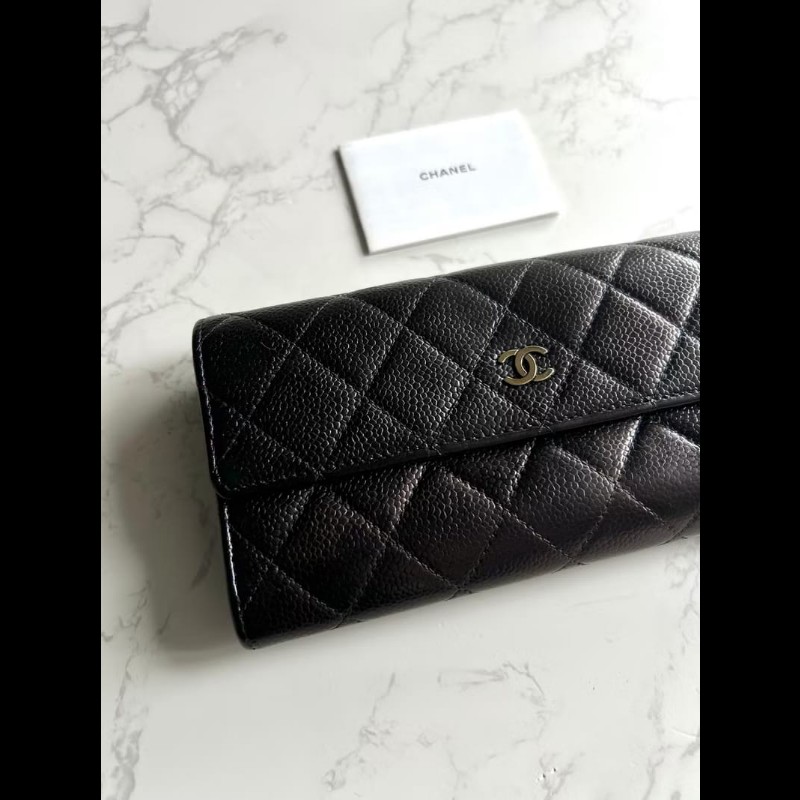 【LA LUNE】稀有中古Chanel黑金色魚子醬皮革長夾 皮夾 錢包 中夾 二手古董包-1