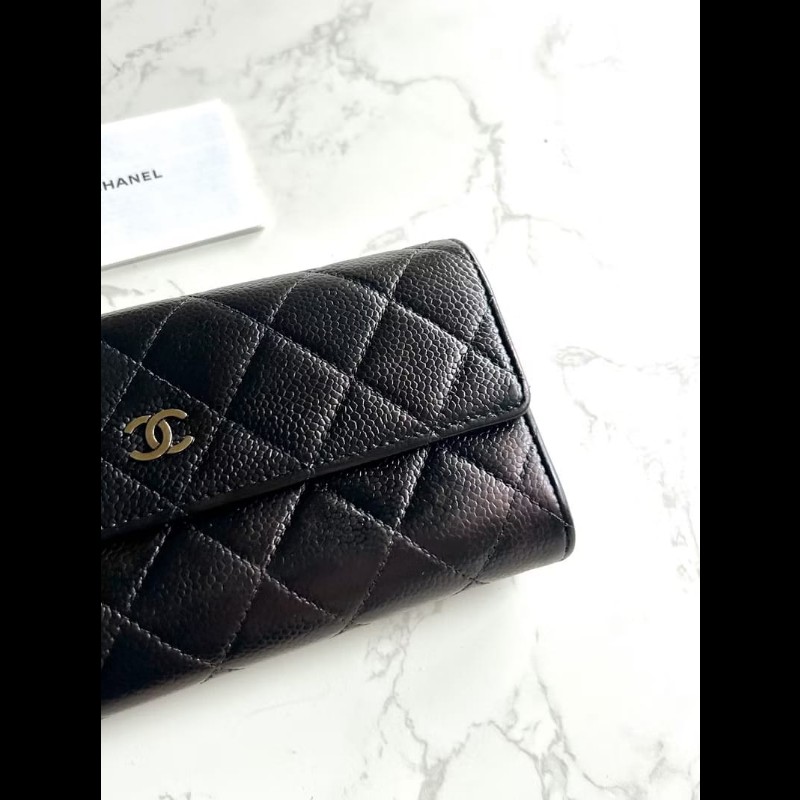 【LA LUNE】稀有中古Chanel黑金色魚子醬皮革長夾 皮夾 錢包 中夾 二手古董包-2